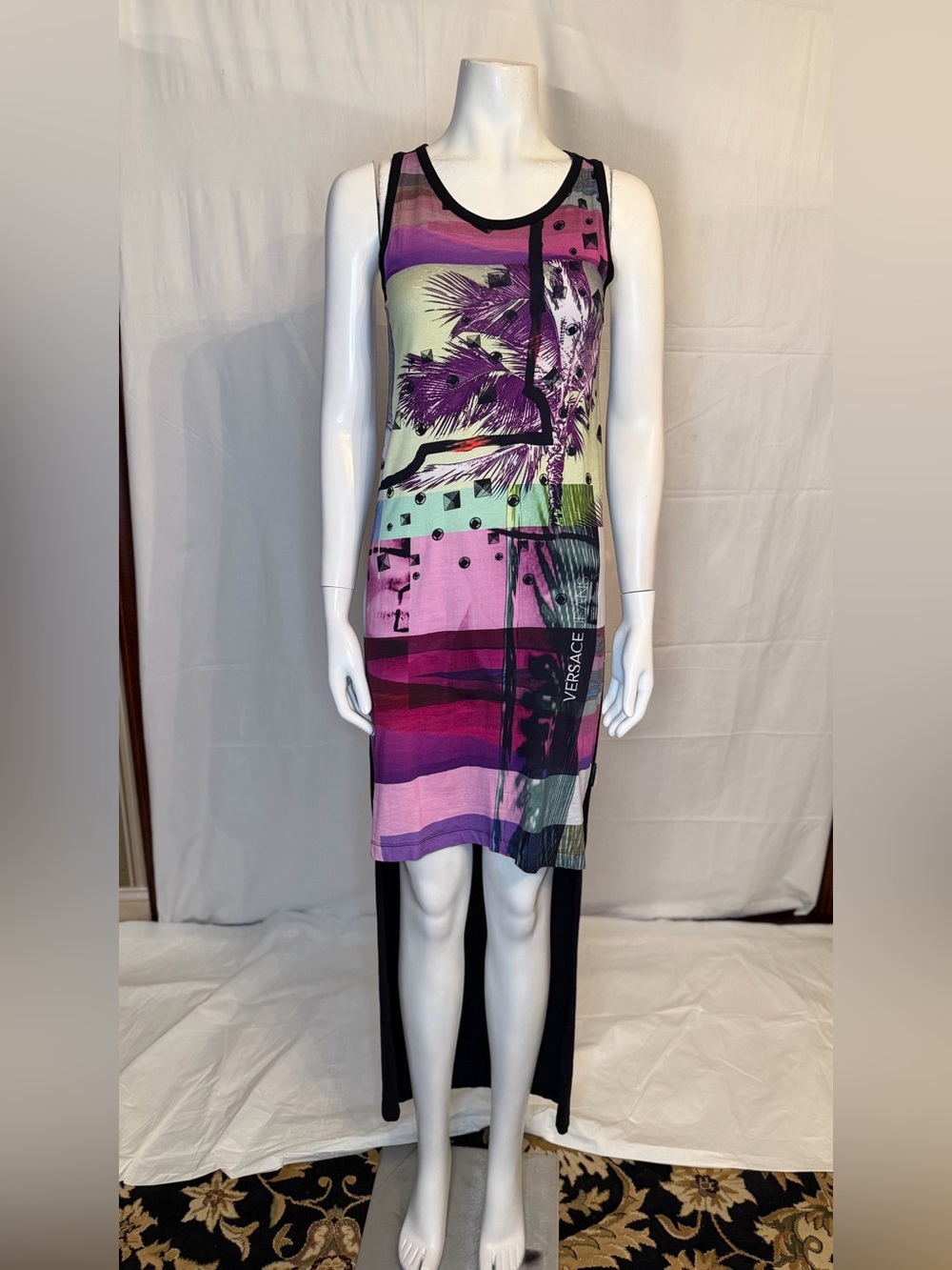 Versace Printed Sleeveless Midi Dress in Purple & Mint - Picture 2 of 6